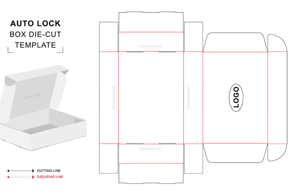 auto lock box die cut template with 3d blank vector mockup for f