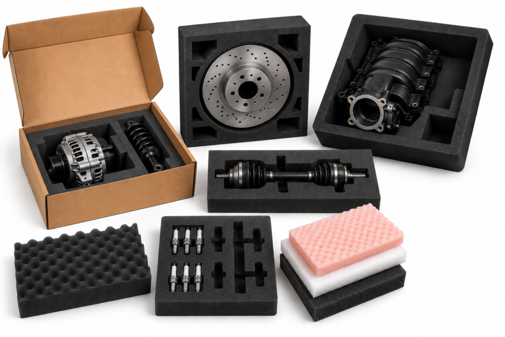 automotive parts enclosed in foam packaging