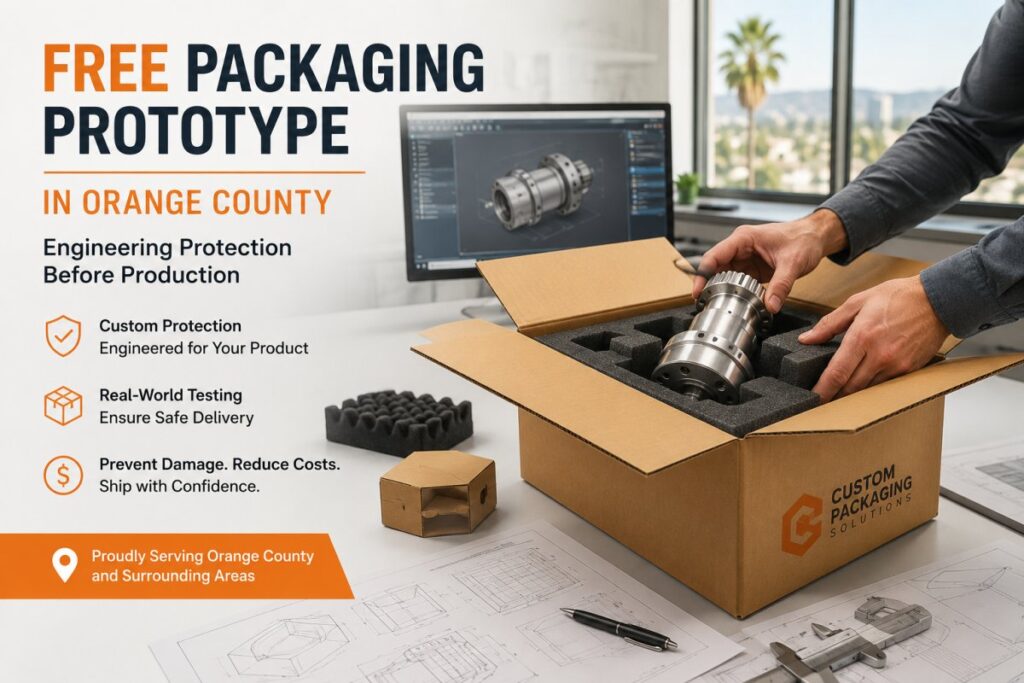 Custom foam packaging prototype in a corrugated box with metal part, CAD design screen, and Orange County engineering protection message.