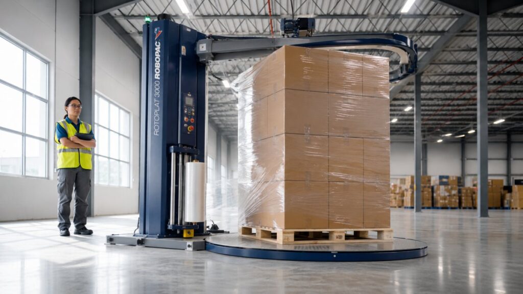 Industrial pallet wrapping machine applying clear machine stretch film around stacked cardboard boxes on a wooden pallet in a clean warehouse.