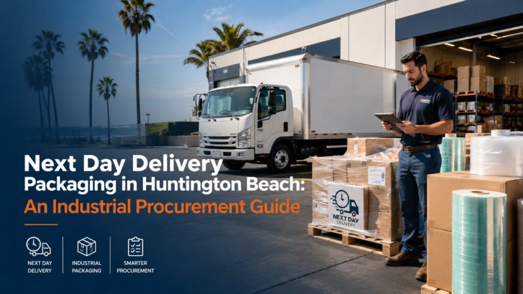 Delivery truck, palletized packaging supplies, and a procurement worker outside a Huntington Beach warehouse for next day industrial packaging delivery.