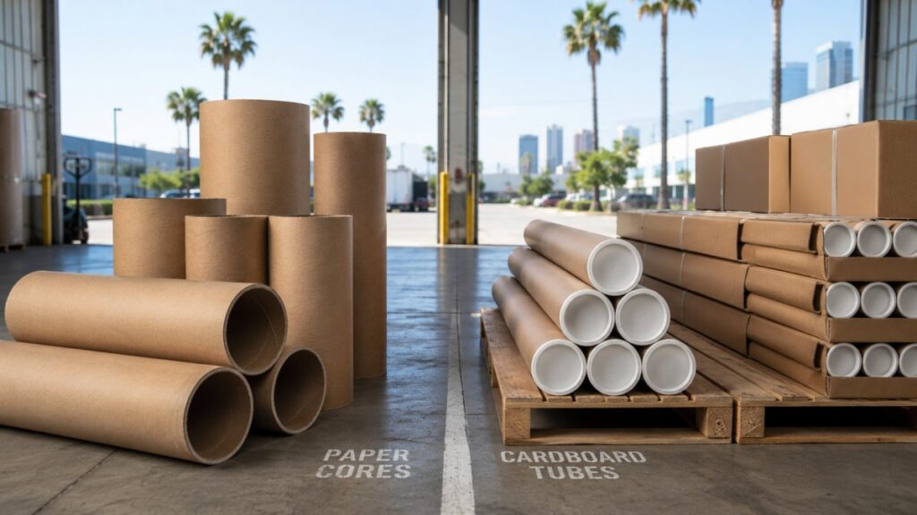 Comparison of paper cores and cardboard shipping tubes in a Los Angeles warehouse, with large kraft paper cores on the left and capped cardboard mailing tubes stacked on pallets on the right.