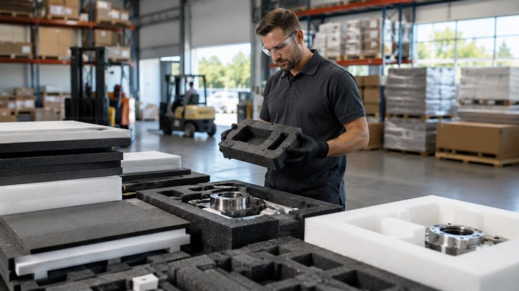 Packaging engineer inspecting custom polyethylene foam inserts for industrial components inside a clean Anaheim warehouse facility.
