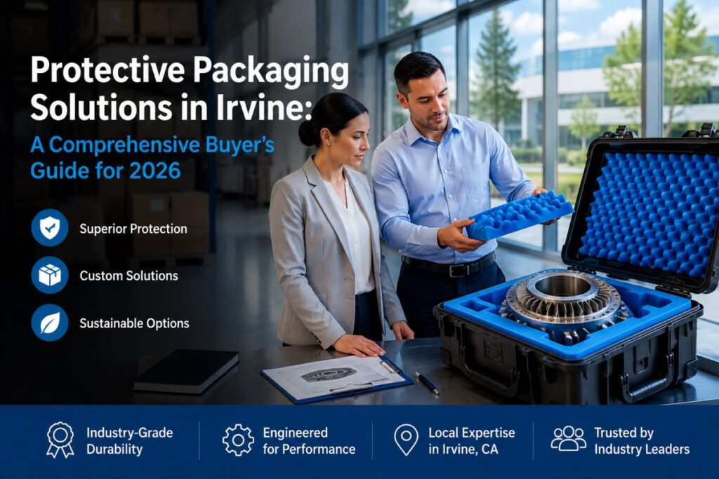 Professional protective packaging image showing custom blue foam inserts inside a hard case protecting an engineered metal component, with packaging specialists reviewing the solution in a modern Irvine industrial facility.