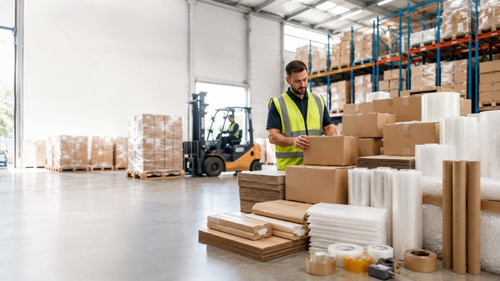 Warehouse worker inspecting corrugated boxes and bulk packaging supplies with a forklift, palletized inventory, stretch film, foam, tape, and mailing tubes in an industrial warehouse.