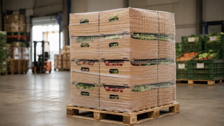 Pallet of corrugated produce boxes wrapped with breathable stretch film netting in a warehouse, showing ventilated pallet stabilization for fresh produce shipping.