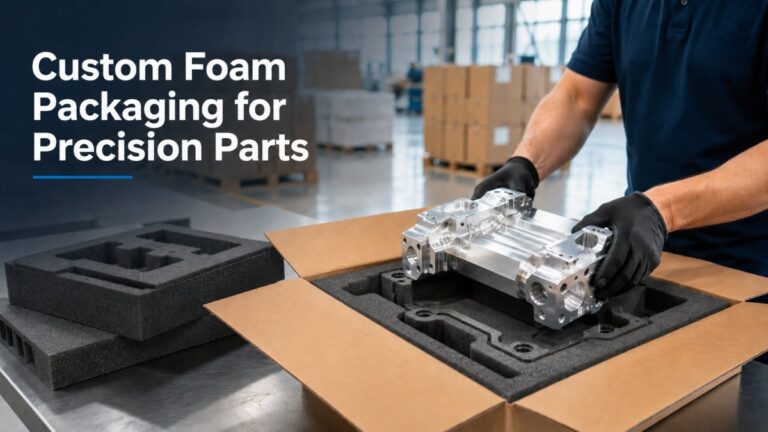 Precision machined aluminum part being placed into a custom-cut black foam insert inside a corrugated shipping box in a clean industrial warehouse setting.