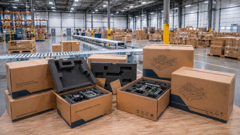 Custom printed corrugated boxes with grayish-black foam inserts protecting industrial electronics in a warehouse packaging area.